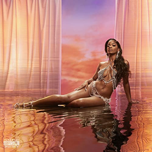 Ari Lennox reclines in shallow water framed by sheer curtains.