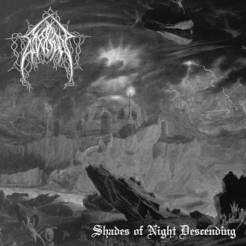 Dark fantasy landscape with castle, lightning, and ornate band logo.