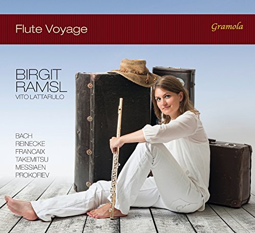 CD cover featuring a flutist with a vintage suitcase and flute.