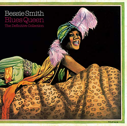 Illustration of Bessie Smith wearing a feathered headpiece and a leopard print garment.