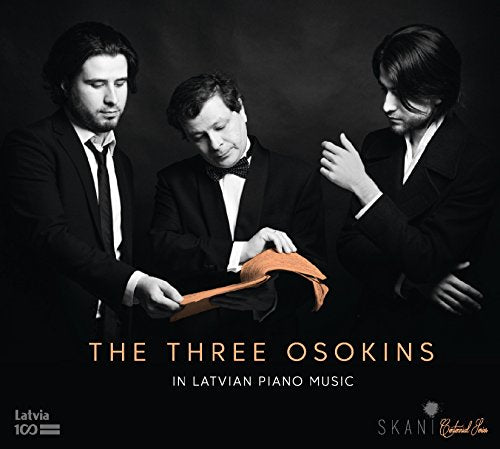 Three formally dressed men, sheet music, and album title “The Three Osokins”.