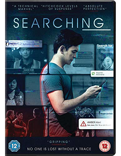 DVD cover for "Searching" featuring a man using a smartphone, digital screens.