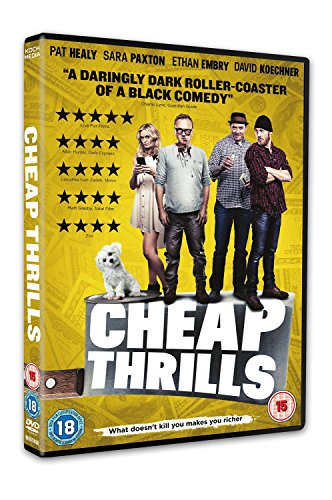 DVD cover for Cheap Thrills featuring four people and a dog on yellow background.