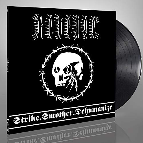 Black vinyl record with skull and barbed wire album cover.