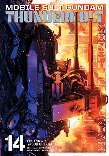 Gundam Thunderbolt volume 14 cover: a large, gray mobile suit in battle.