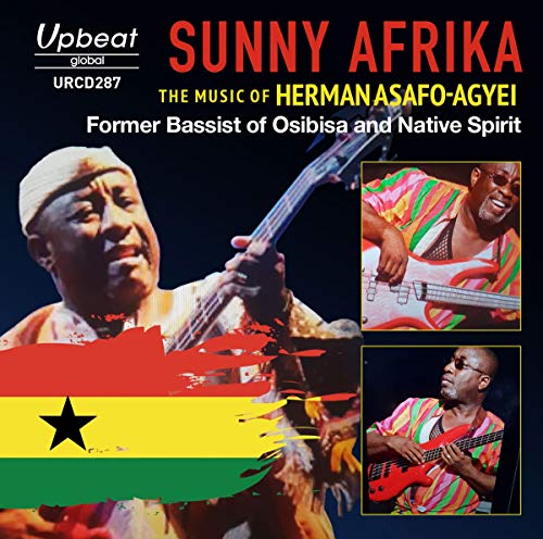 CD cover for Herman Asafo-agyei’s “Sunny Afrika” featuring musicians with bass guitars.