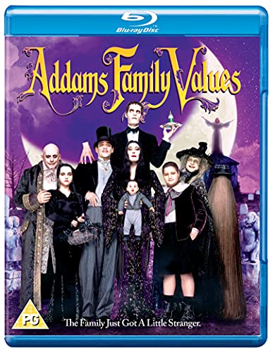Blu-ray cover for Addams Family Values featuring the cast standing in a graveyard.