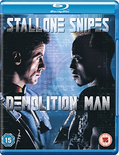 Demolition Man" Blu-ray cover featuring Sylvester Stallone and Wesley Snipes facing each other.