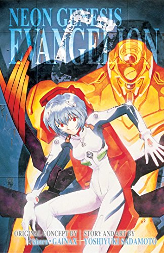 Rei Ayanami in a white plugsuit stands before a large yellow mechanical Eva unit.