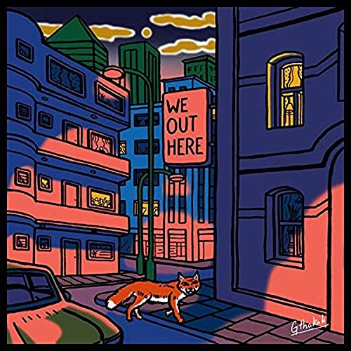 Stylized illustration of a fox in a brightly colored urban street scene.