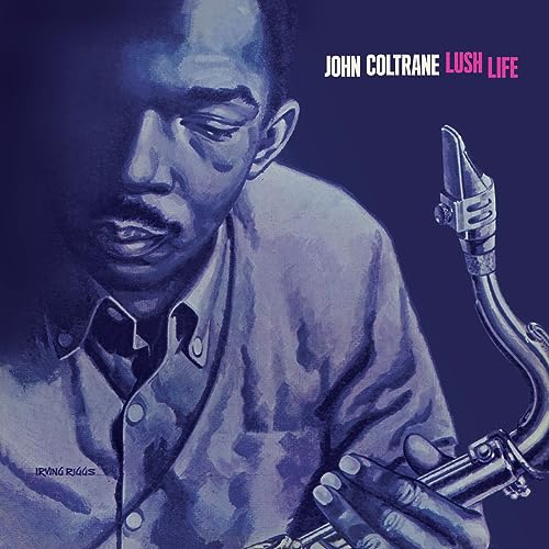 John Coltrane portrait with saxophone, album cover art in blue tones.