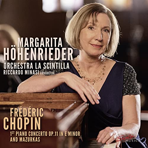 Portrait of Margarita Hohenrieder, pianist, with Chopin album details.