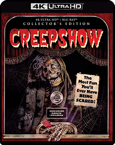 Creepshow" Blu-ray cover featuring a skeletal figure and red, spiderweb design.
