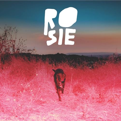 Dog running through a pink field under a blue sky, with "Rosie" text.