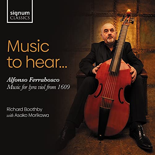 CD cover featuring Richard Boothby with a lyra viol, dark background.