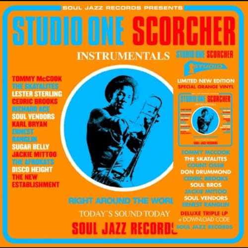 Album cover for “Studio One Scorcher” featuring a trumpeter silhouette.