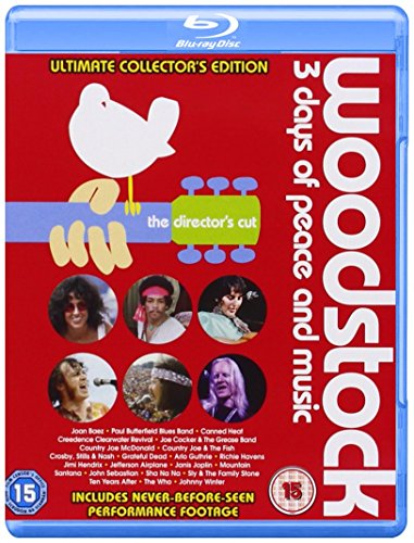 Woodstock Blu-ray cover featuring a white dove and musician portraits.