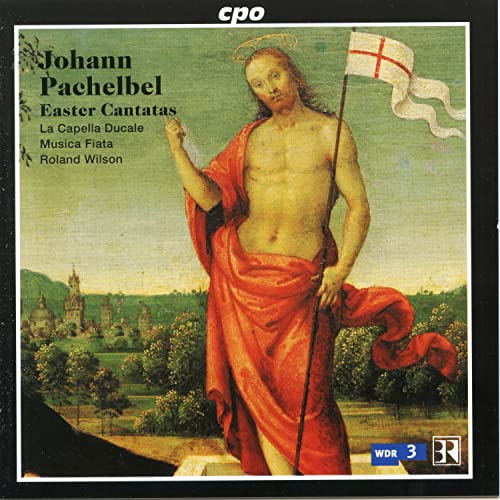 CD cover depicting a man with a halo holding a flag, landscape background.