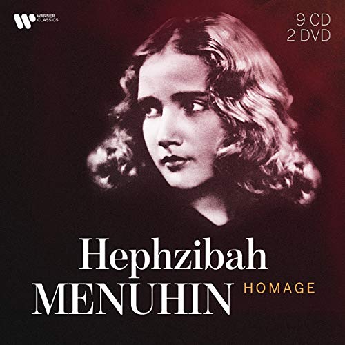 Black and white portrait of violinist Hephzibah Menuhin with album title.