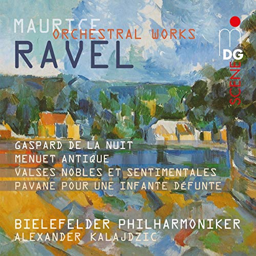 CD cover for Ravel orchestral works with impressionistic landscape painting.