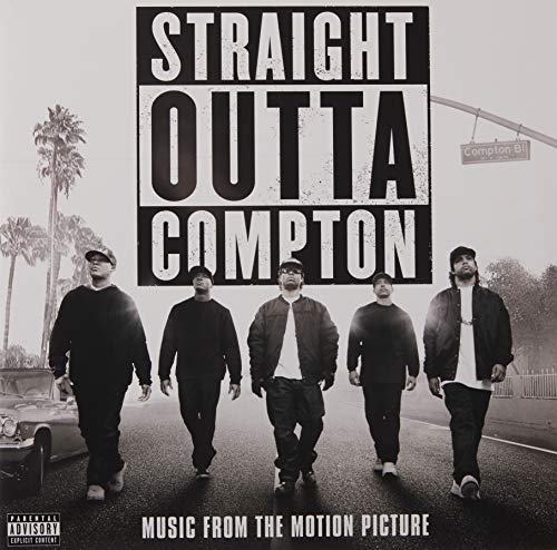 Straight Outta Compton" album cover featuring N.W.A. and a street scene.