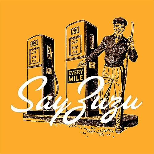Vintage-style illustration of a gas station attendant and pumps, with text.