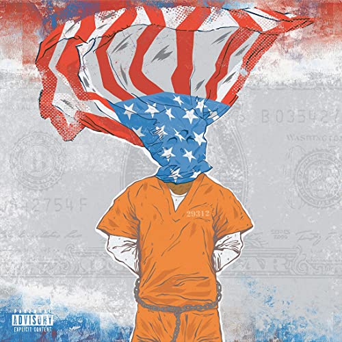 Figure in orange jumpsuit with American flag obscuring face, gritty texture.