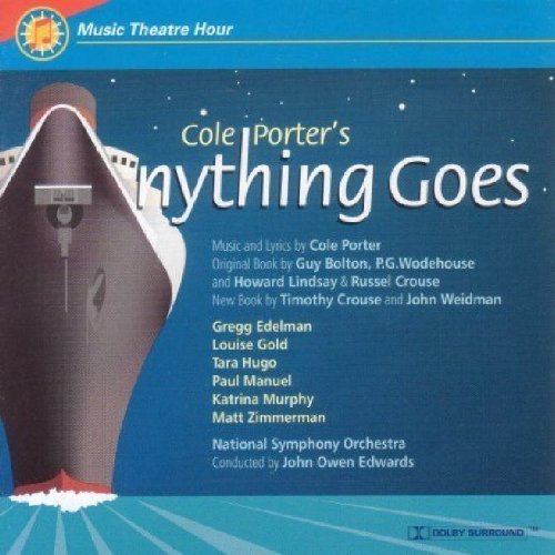 CD cover for “Anything Goes” musical, featuring a dark blue ocean liner.