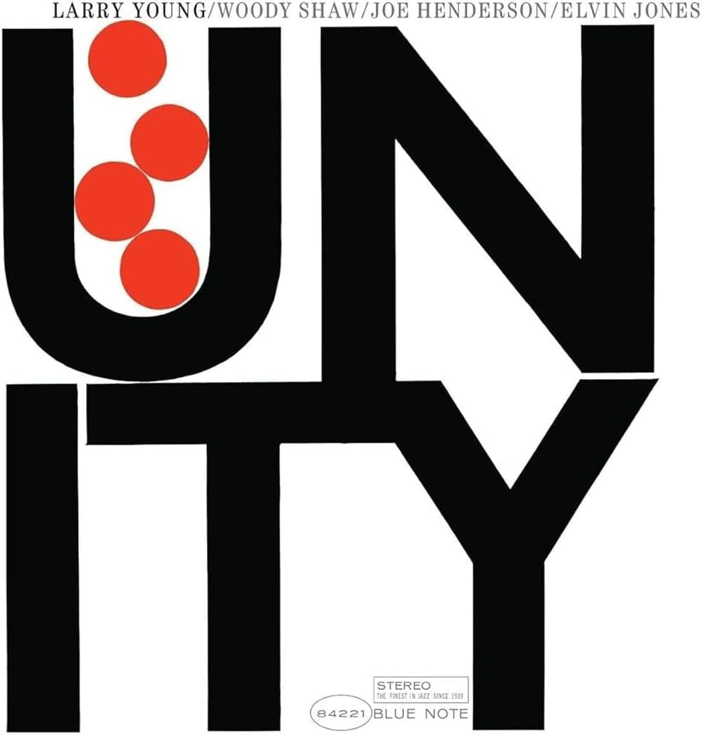 CD cover for Larry Young’s “Unity” with red dots and bold typography.