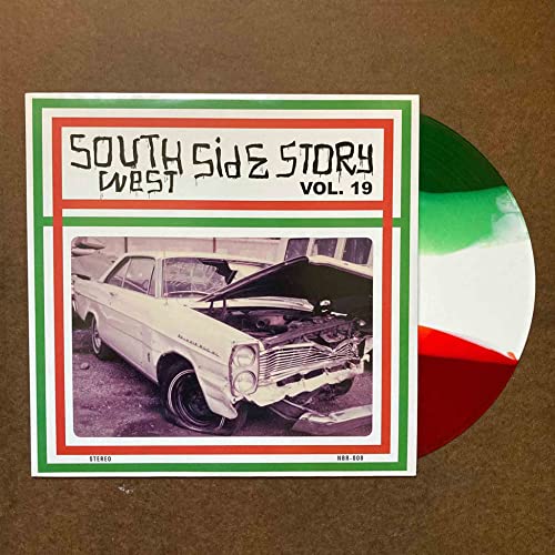 Vinyl record with cover featuring a classic car and colorful swirl pattern.