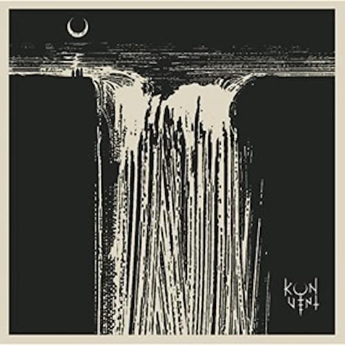 Black and white illustration of a waterfall under a crescent moon.