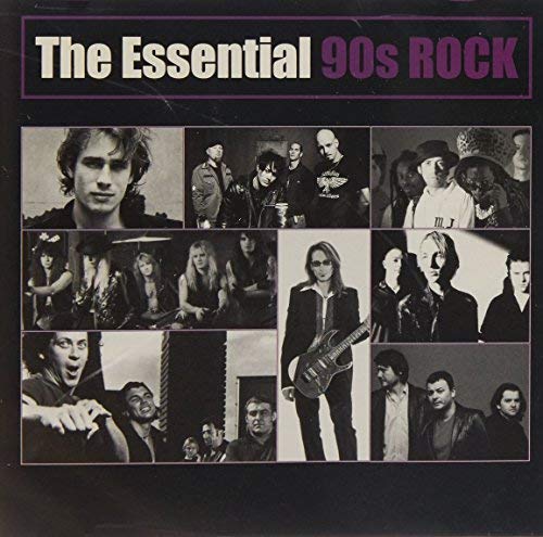 CD cover for “The Essential 90s Rock” featuring portraits of musicians.