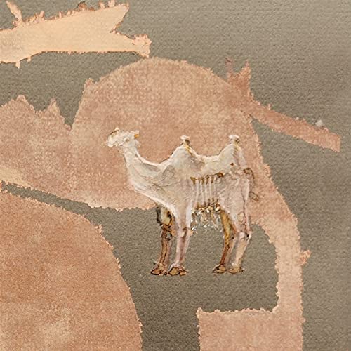 Watercolor painting of a camel with abstract, textured background.