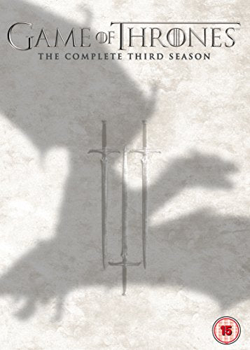 Game of Thrones Season 3 DVD cover featuring three swords and a dragon shadow.