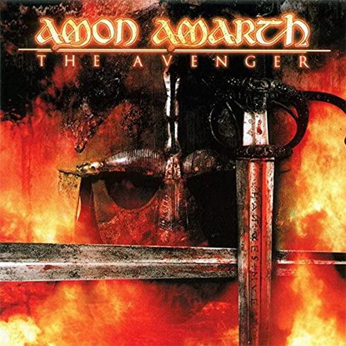 Amon Amarth album cover: fiery background with a warrior and sword.
