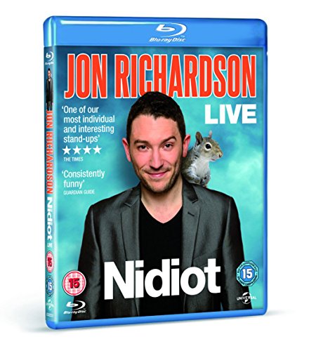 Blu-ray cover for Jon Richardson’s “Nidiot Live” featuring Richardson and a squirrel.