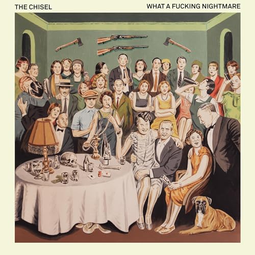 CD cover: crowded, vintage-style dinner party with weapons above.