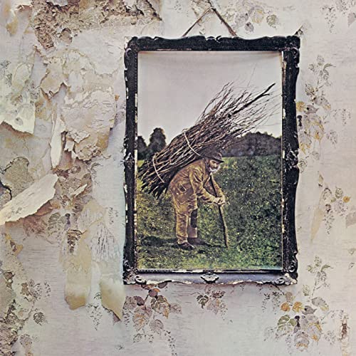 Led Zeppelin IV album cover: man with bundles in a field.