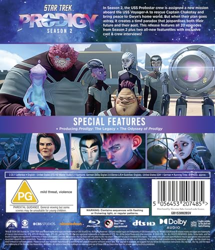 Back cover of Star Trek Prodigy Season 2 Blu-ray featuring animated characters and text.