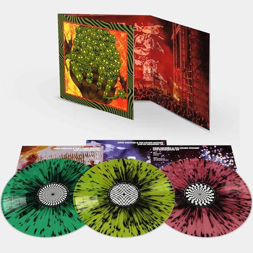 King Gizzard live album with splatter vinyl records and illustrated cover.