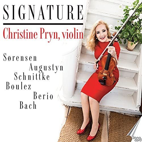 CD cover: violinist Christine Pryn in red dress on white stairs.