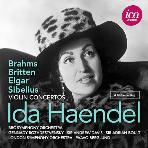 Black and white portrait of violinist Ida Haendel with composers’ names.