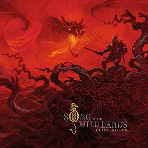Fantasy album cover featuring a dragon, knight, and twisted trees in red tones.