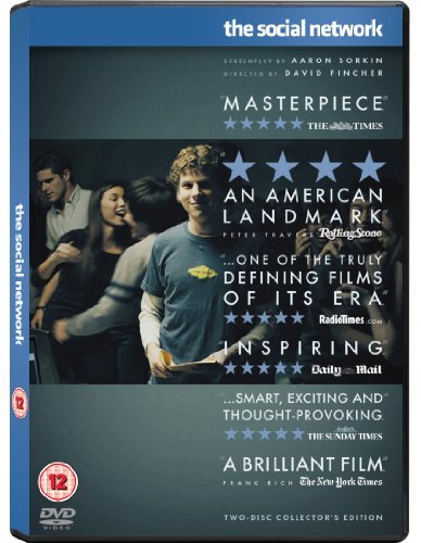 DVD cover for The Social Network featuring a central portrait of Jesse Eisenberg.