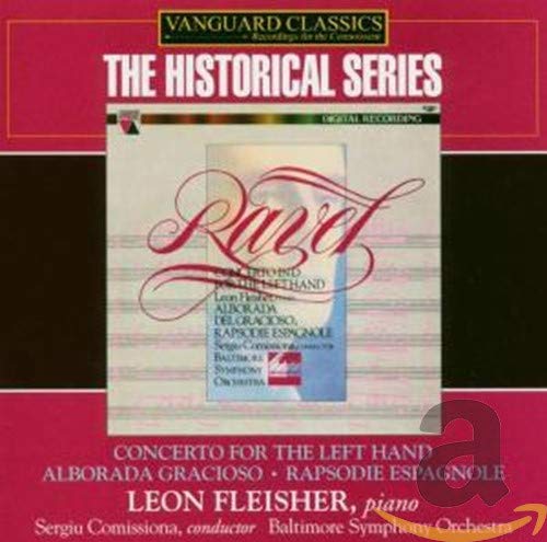 CD cover for Ravel compositions by Fleisher and Comissi, red background.