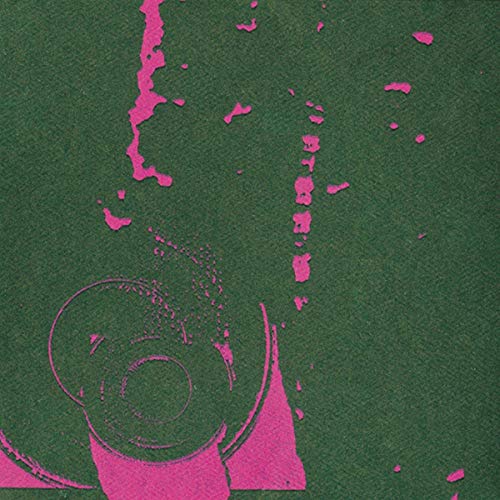Green album cover with pink abstract shapes and a record player.