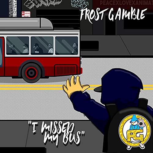 A hooded person waves at a departing city bus on a street.