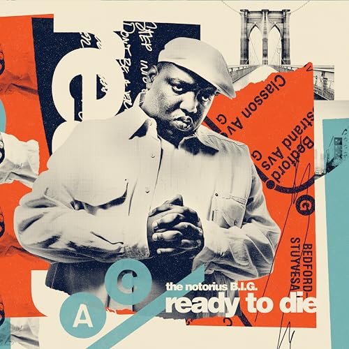 Notorious B.I.G. album cover with portrait, Brooklyn Bridge, and collage elements.