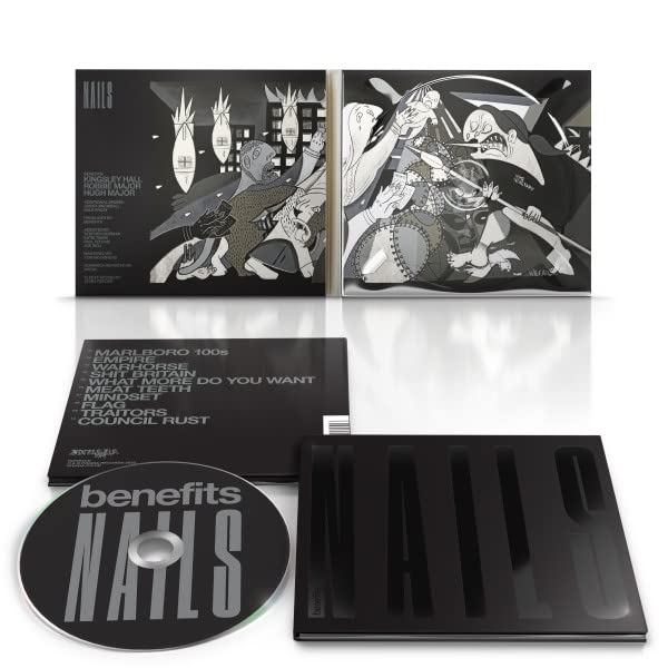 CD case for “Nails” by Benefits, featuring black and white illustrated cover art.