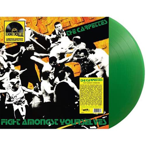 Translucent green vinyl record with album cover depicting a chaotic crowd scene.